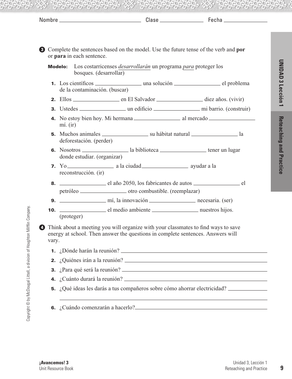 Spanish Worksheet: Challenges to the Environment - Mcdougal Littell, Page 9