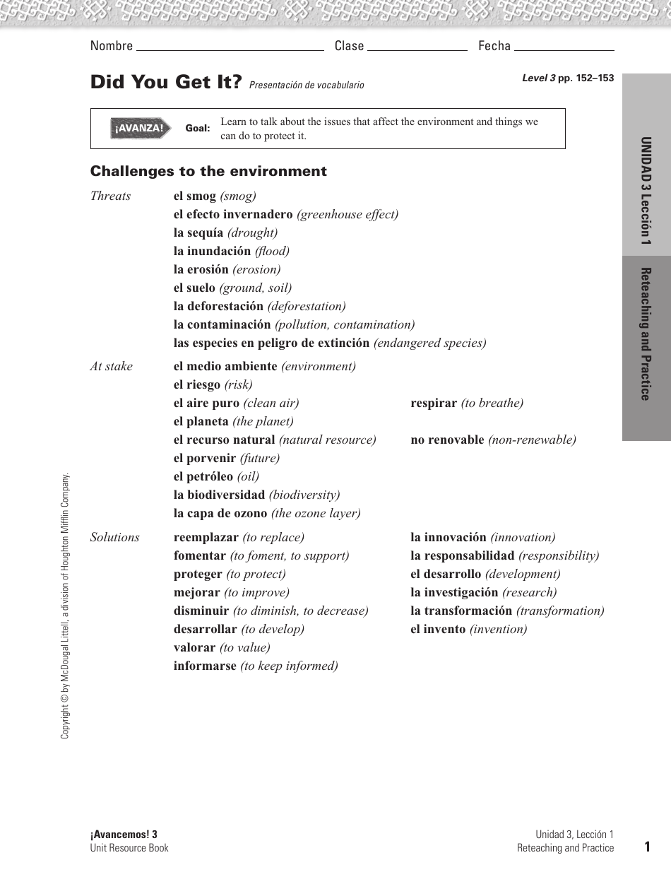 Spanish Worksheet Challenges to the Environment Mcdougal Littell