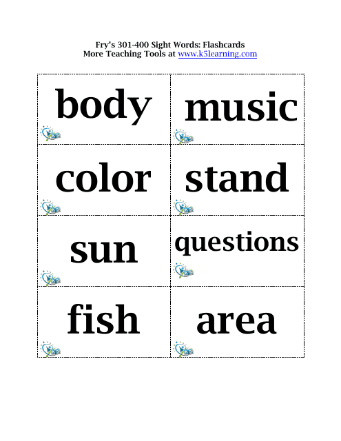 Fry's 301-400 Sight Words Flashcards Download Pdf
