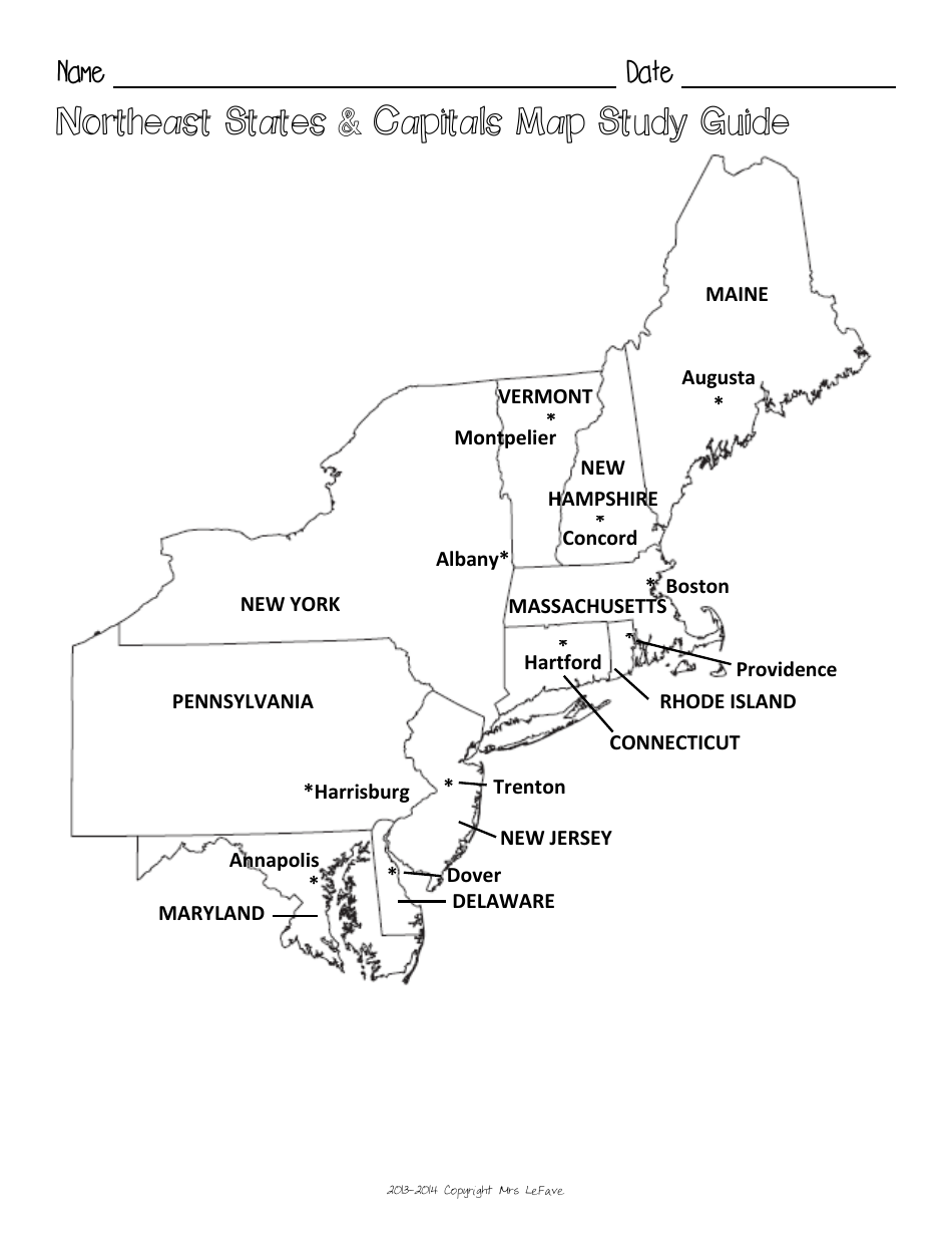 Northeast States & Capitals Map Worksheet and Flashcards Download ...