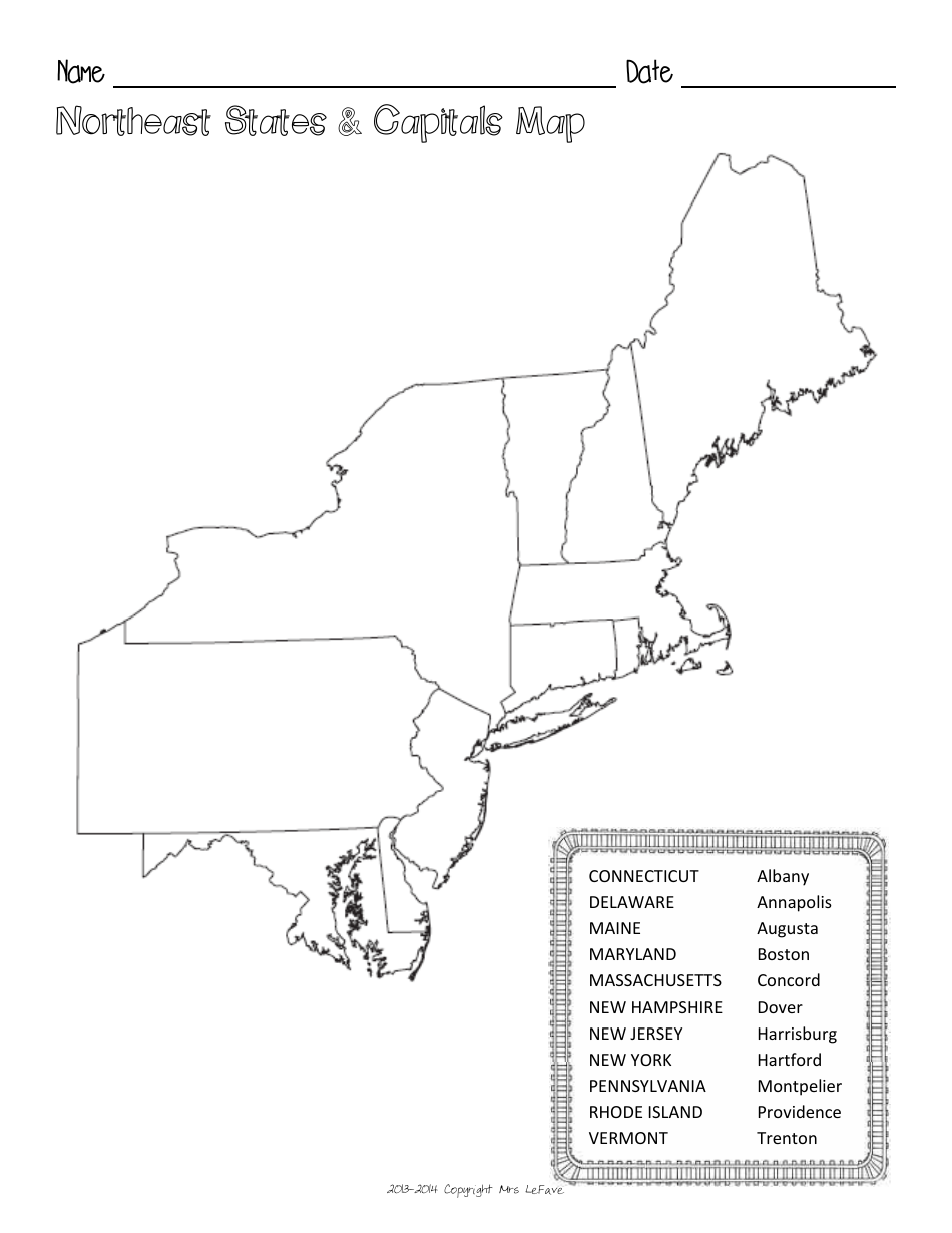 Northeast States & Capitals Map Worksheet and Flashcards Download ...