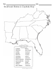Southeast States &amp; Capitals Map Worksheet and Flashcards, Page 2