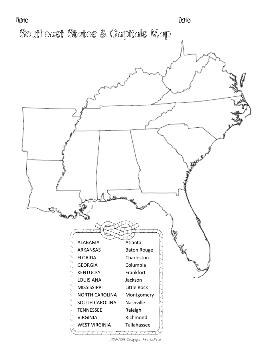 Southeast States & Capitals Map Worksheet and Flashcards Download ...