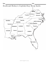 Document preview: Southeast States & Capitals Map Worksheet and Flashcards