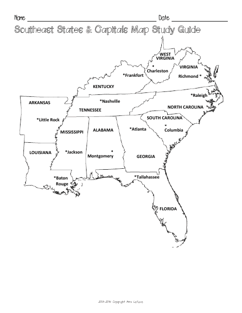 Southeast States & Capitals Map Worksheet and Flashcards Download Pdf