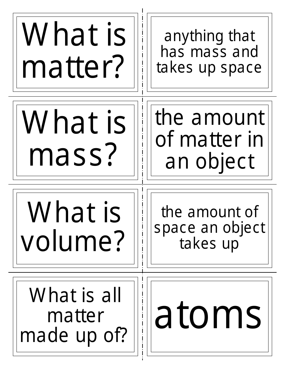 Chemistry Flashcards Matter, Mass, Volume Download Printable PDF