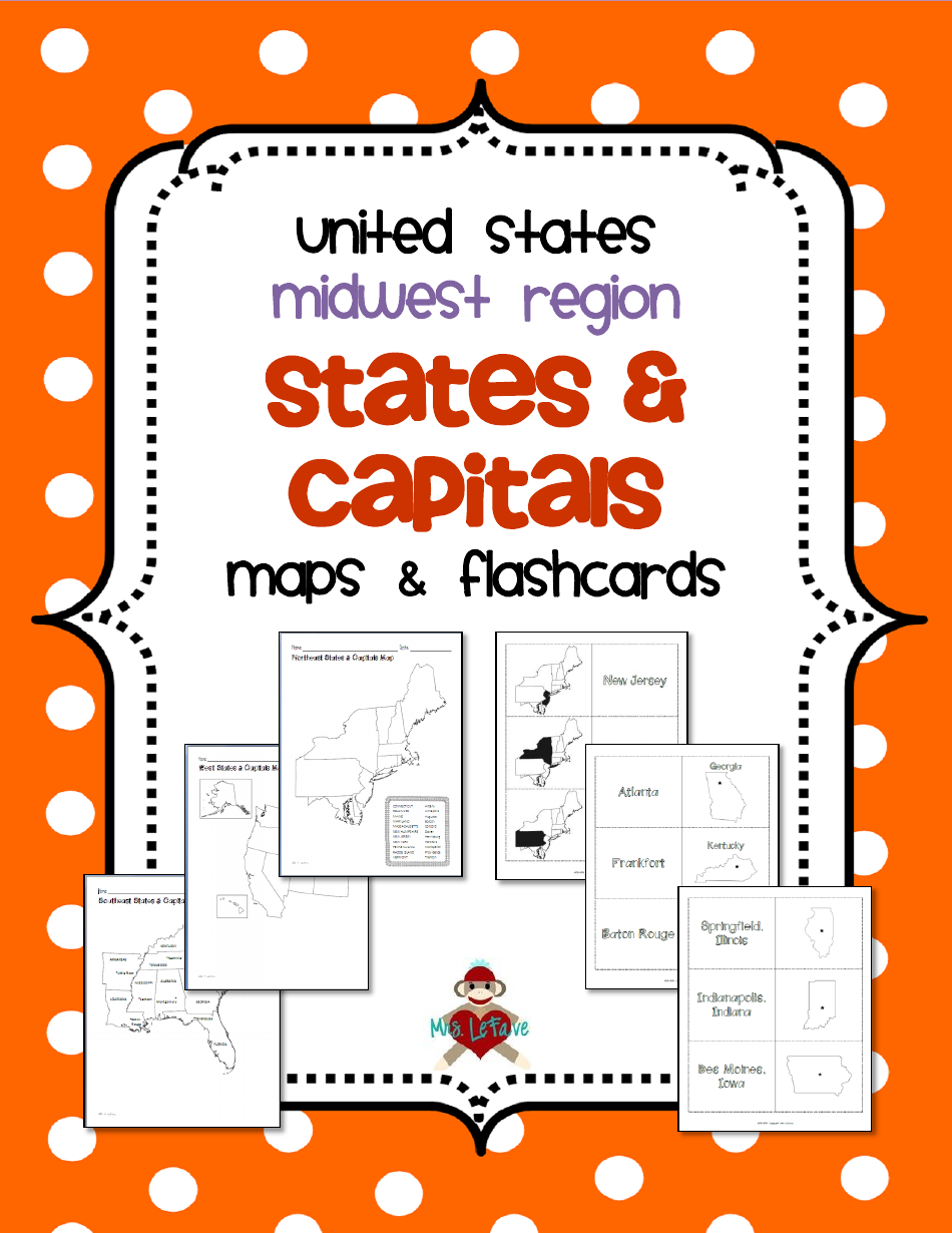 Midwest States  Capitals Map Worksheet and Flashcards, Page 1