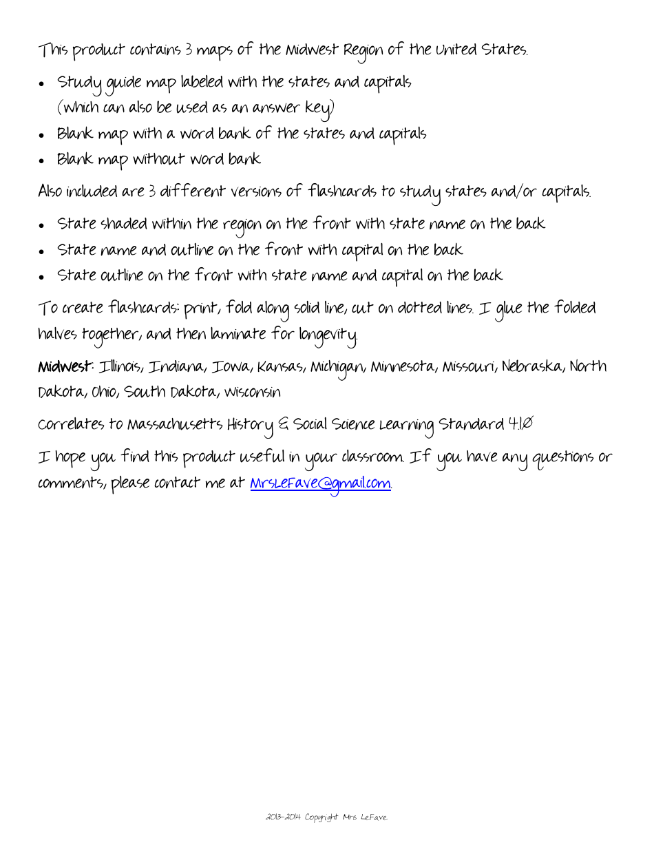 Midwest States  Capitals Map Worksheet and Flashcards, Page 2