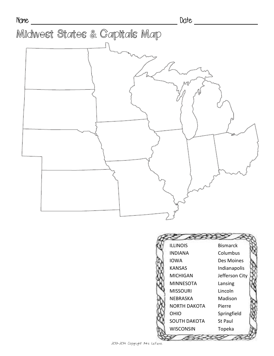 Midwest States  Capitals Map Worksheet and Flashcards, Page 4