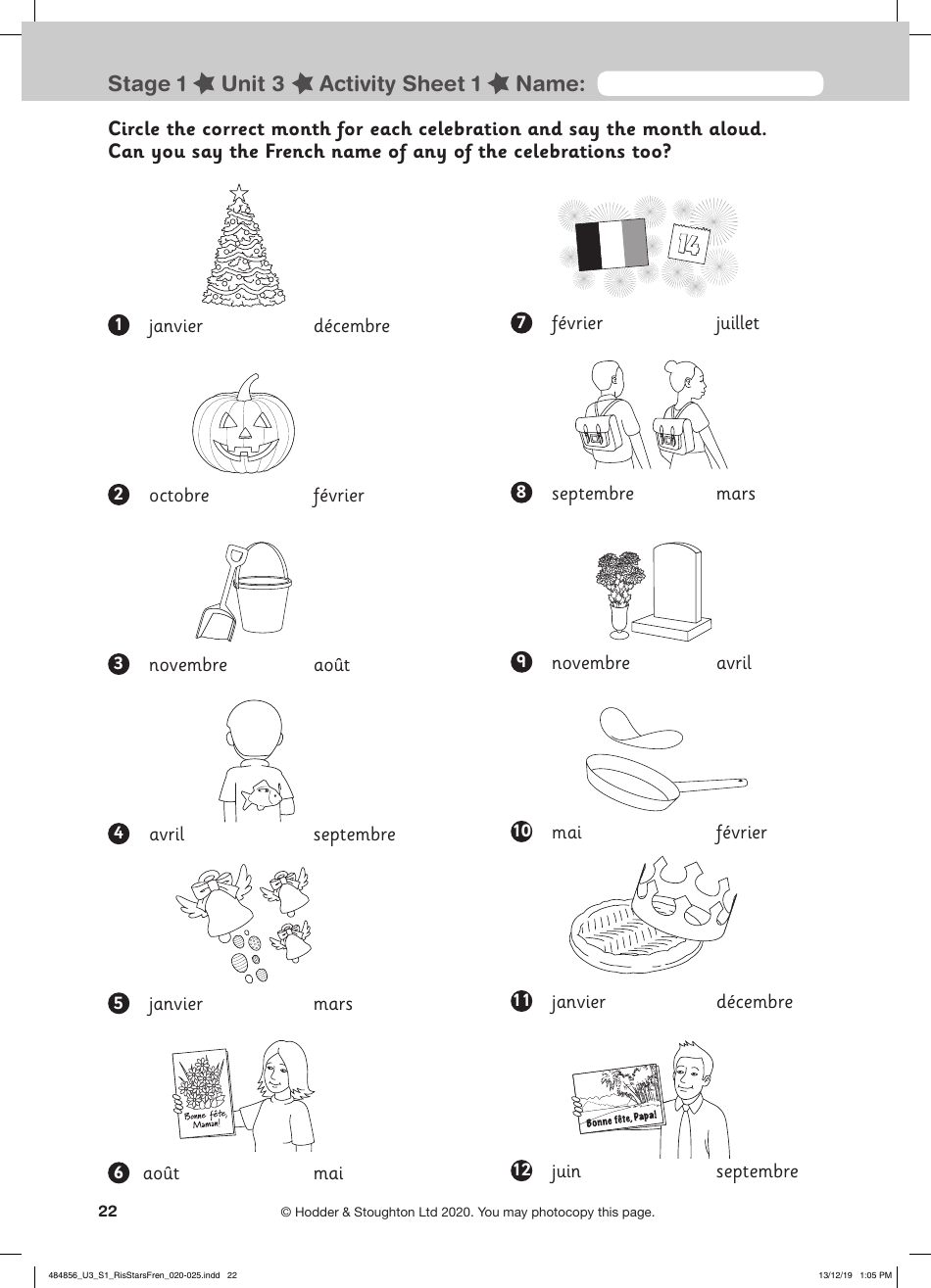 French Activity Sheet: Celebrations - Hodder  Stoughton, Page 3