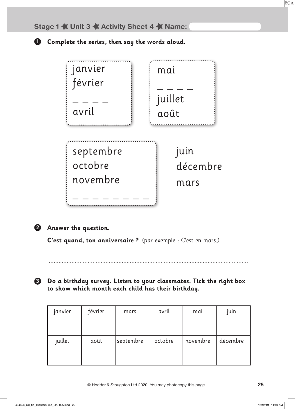 French Activity Sheet: Celebrations - Hodder  Stoughton, Page 6