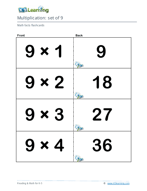 Math Facts Flashcards - Multiplication - Set of 9, 10