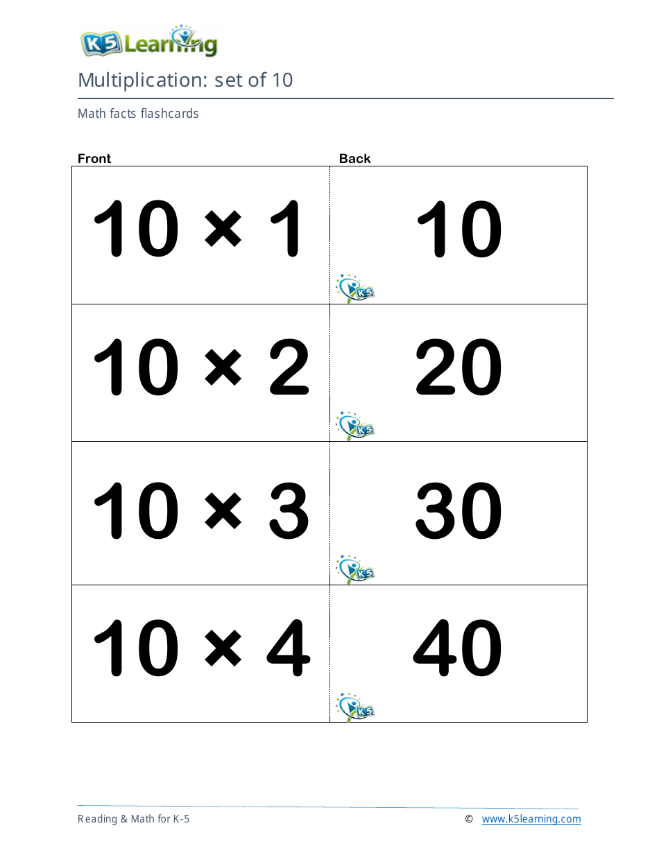 Math Facts Flashcards - Multiplication - Set of 9, 10, Page 4