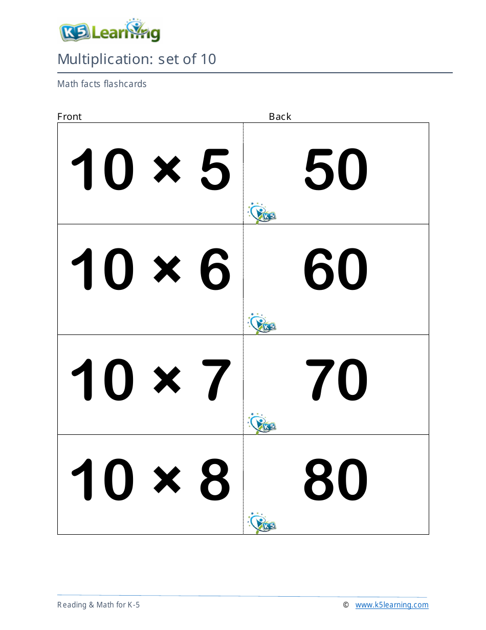 Math Facts Flashcards - Multiplication - Set of 9, 10, Page 5