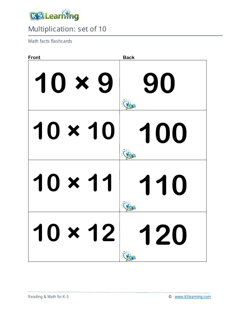 Math Facts Flashcards - Multiplication - Set of 9, 10, Page 6
