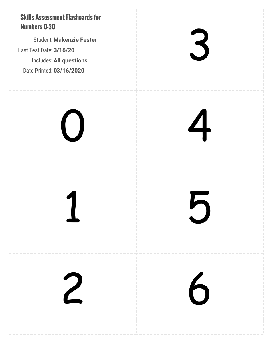 Skills Assessment Flashcards for Numbers 0-30, Page 1