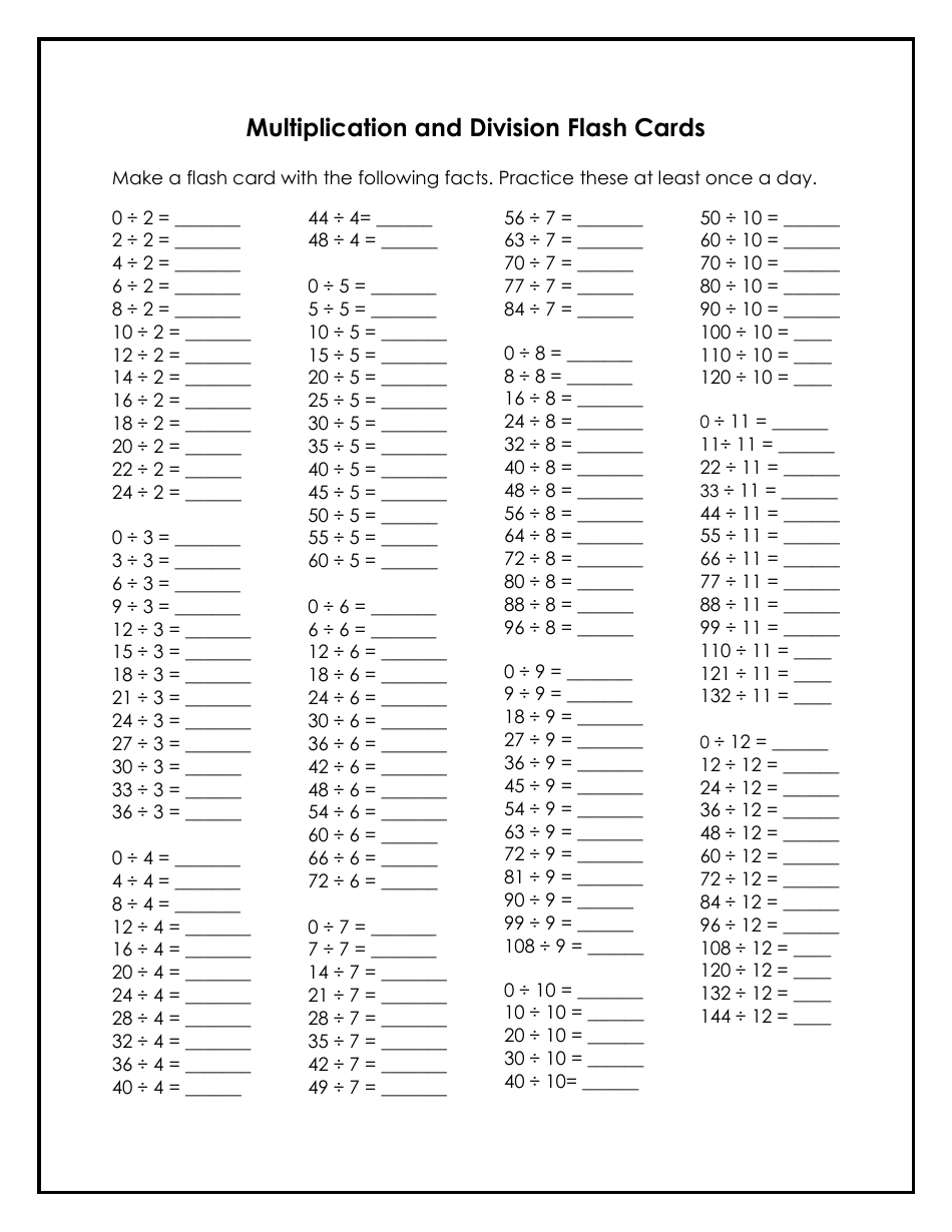 Multiplication and Division Math Flash Cards, Page 3