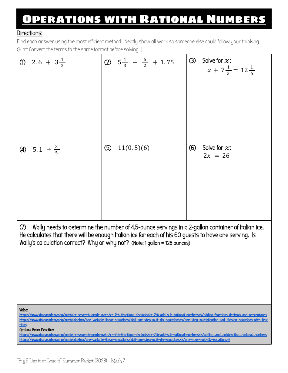 7th Grade Math Summer Packet Download Printable PDF | Templateroller