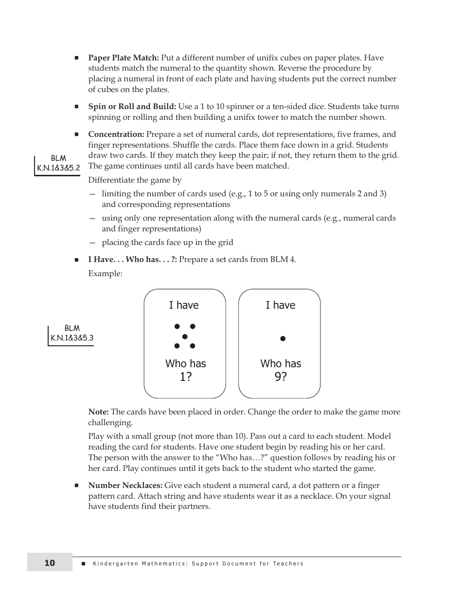 Kindergarten Mathematics Support Document for Teachers, Page 10