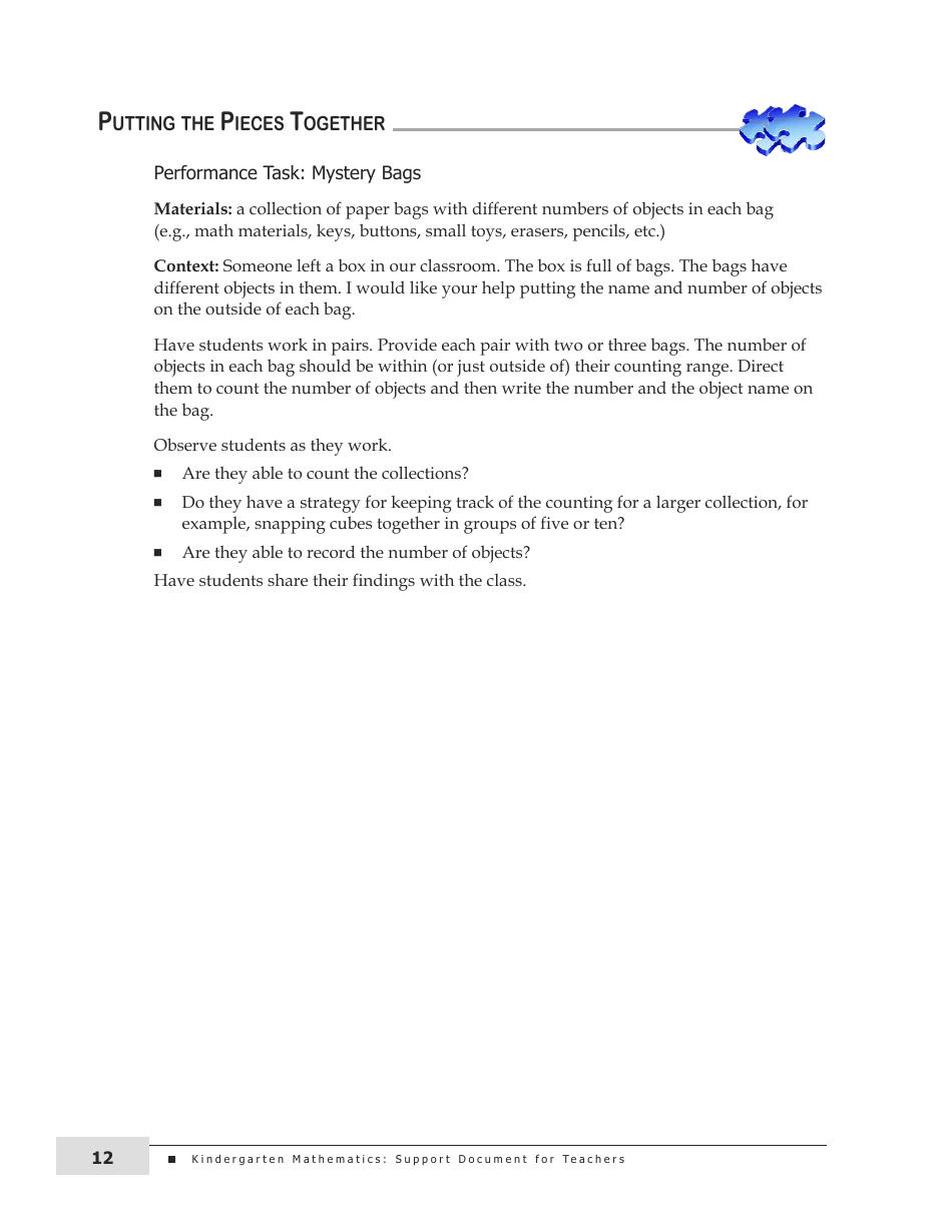 Kindergarten Mathematics Support Document for Teachers, Page 12