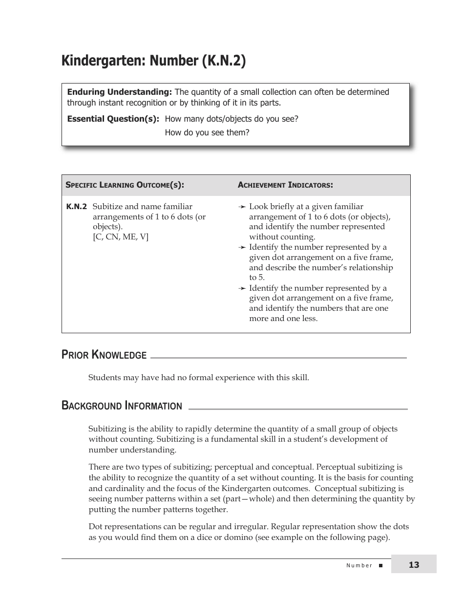 Kindergarten Mathematics Support Document for Teachers, Page 13