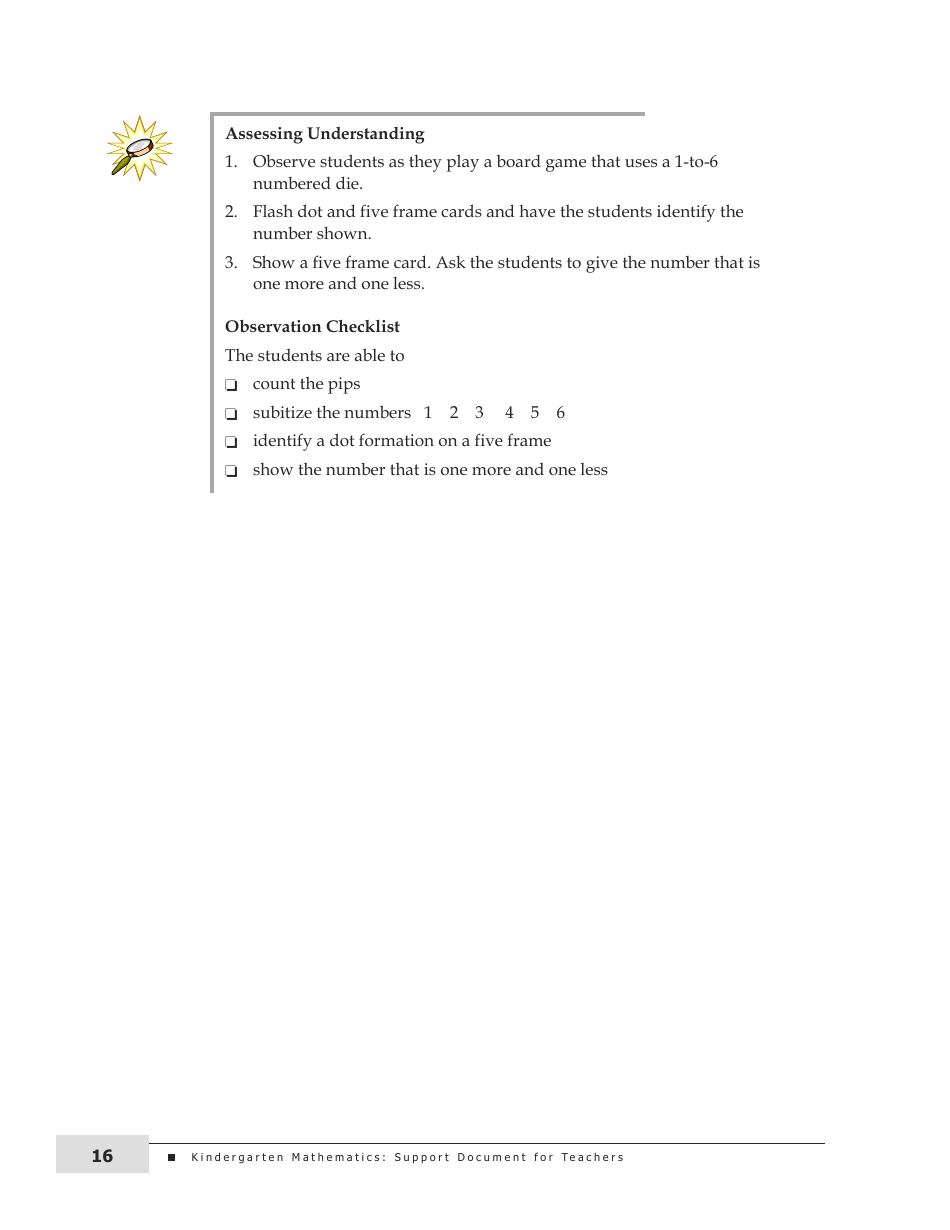 Kindergarten Mathematics Support Document for Teachers, Page 16