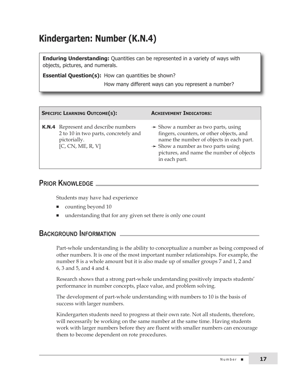 Kindergarten Mathematics Support Document for Teachers, Page 17