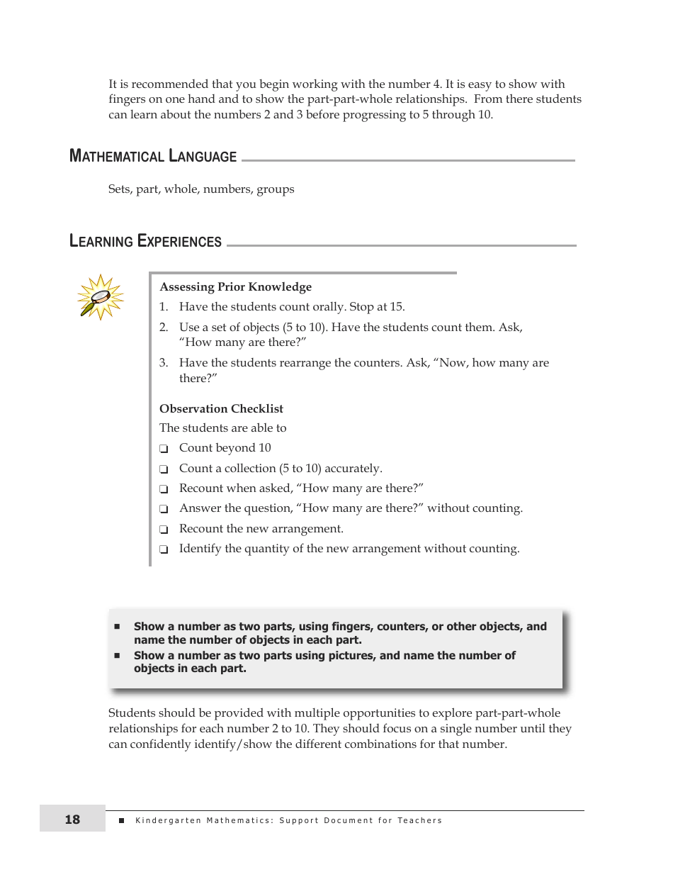Kindergarten Mathematics Support Document for Teachers, Page 18