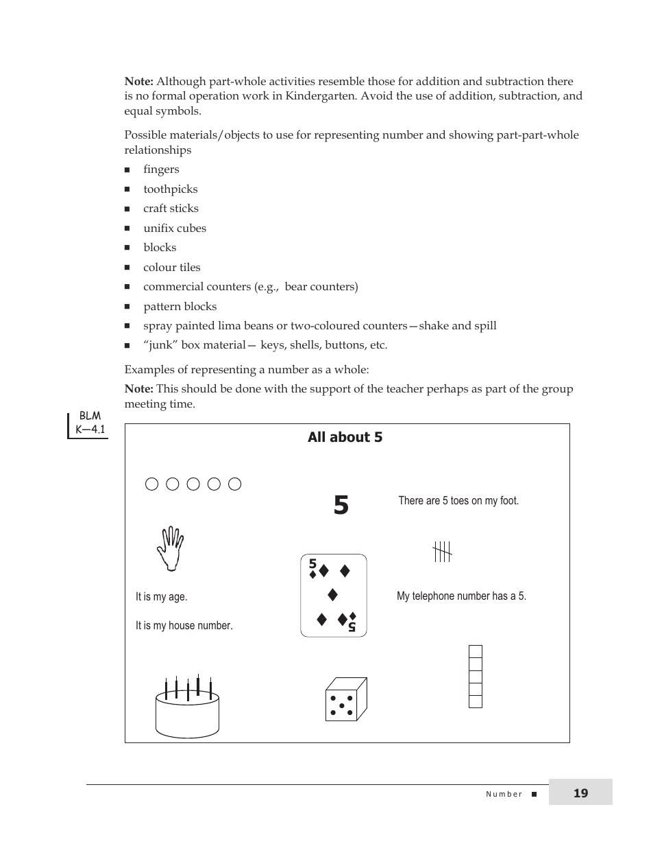 Kindergarten Mathematics Support Document for Teachers, Page 19