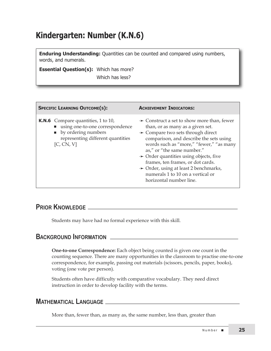 Kindergarten Mathematics Support Document for Teachers, Page 25