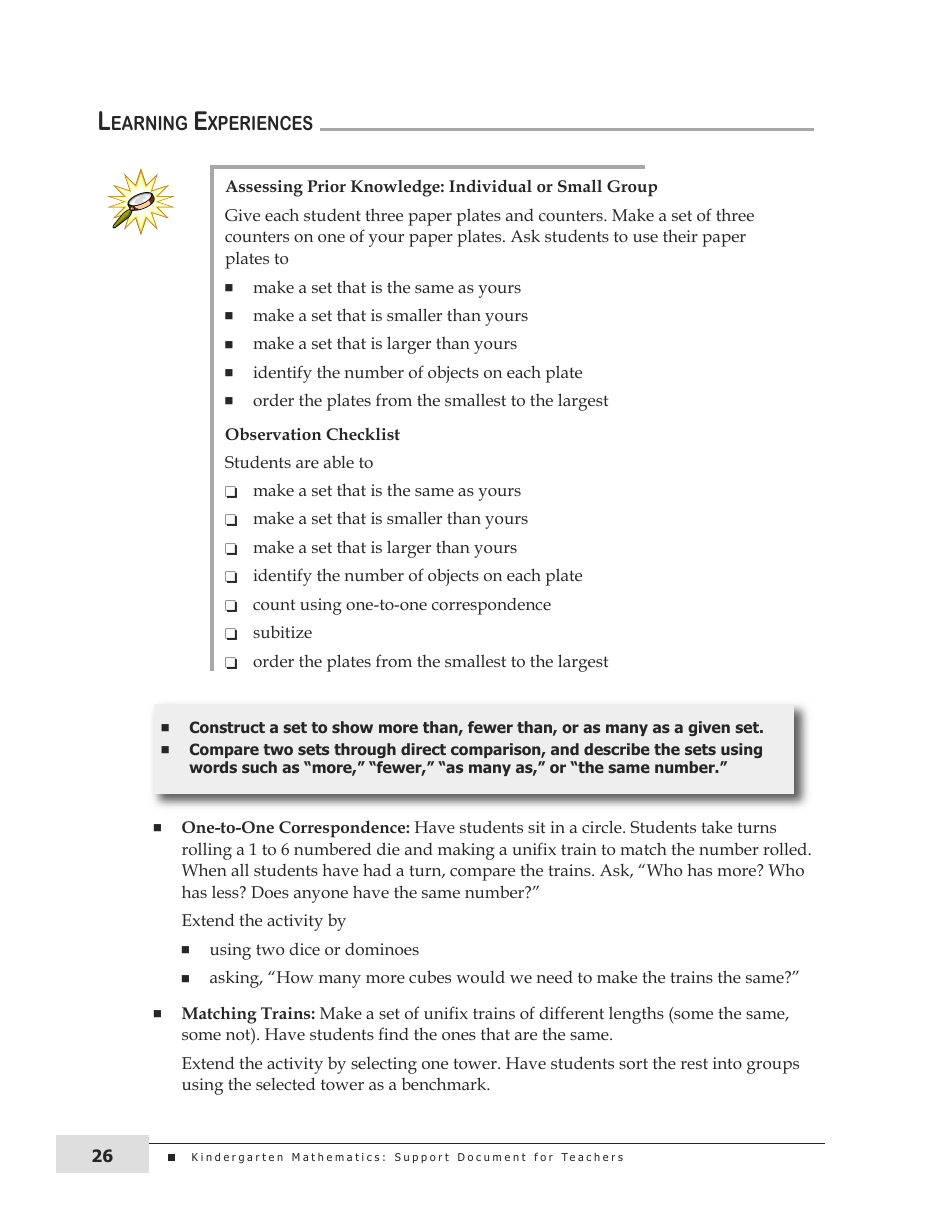 Kindergarten Mathematics Support Document for Teachers, Page 26