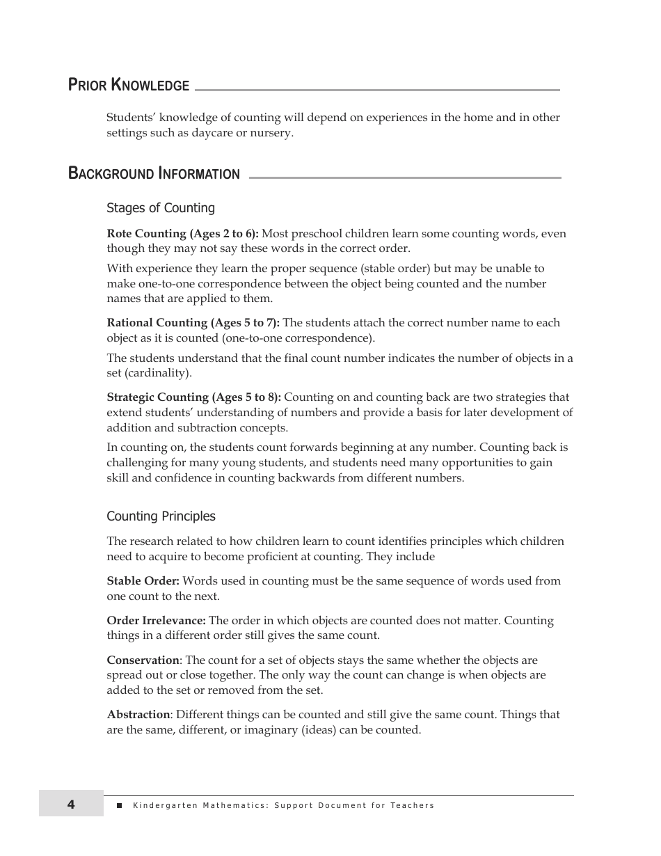 Kindergarten Mathematics Support Document for Teachers, Page 4