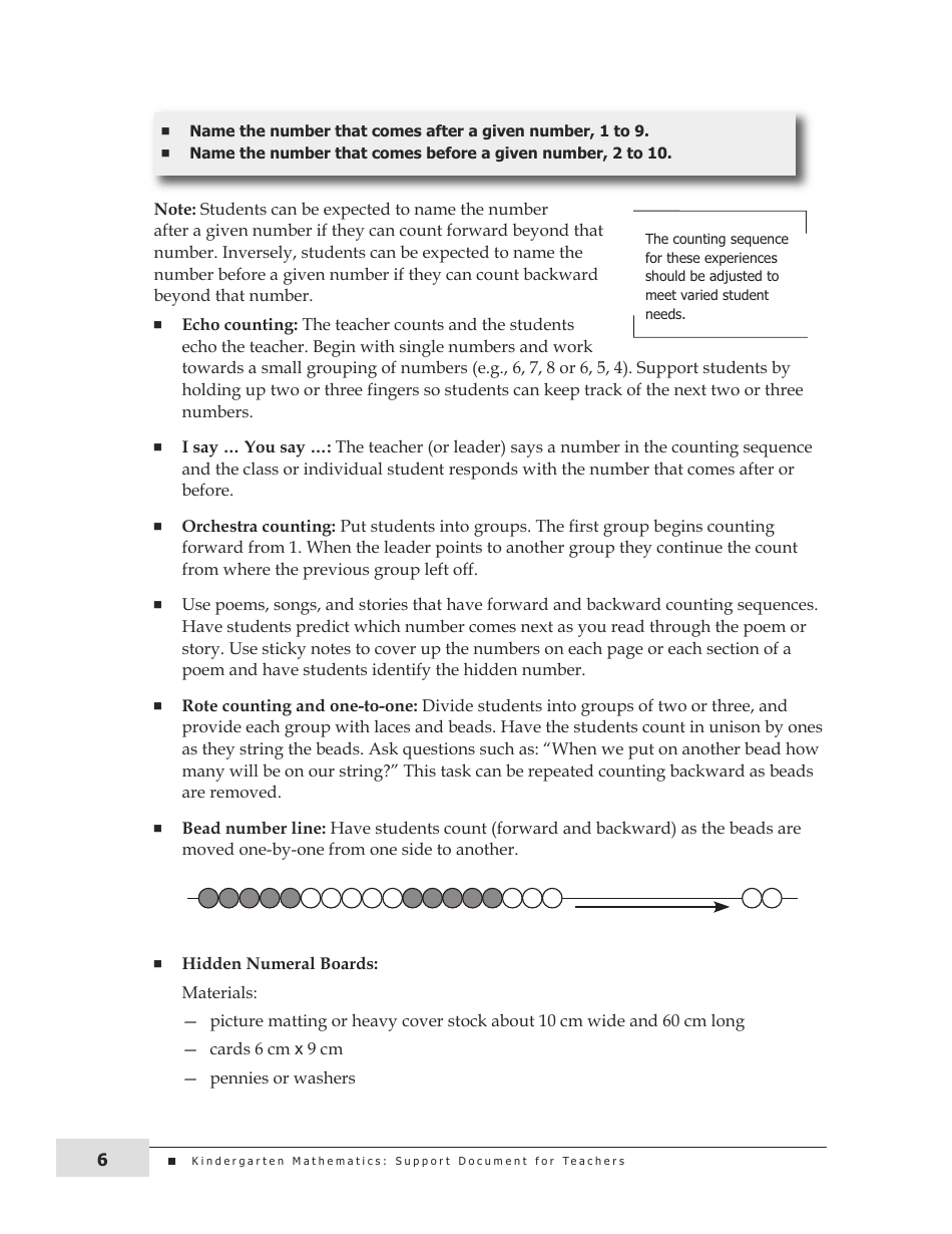 Kindergarten Mathematics Support Document for Teachers, Page 6
