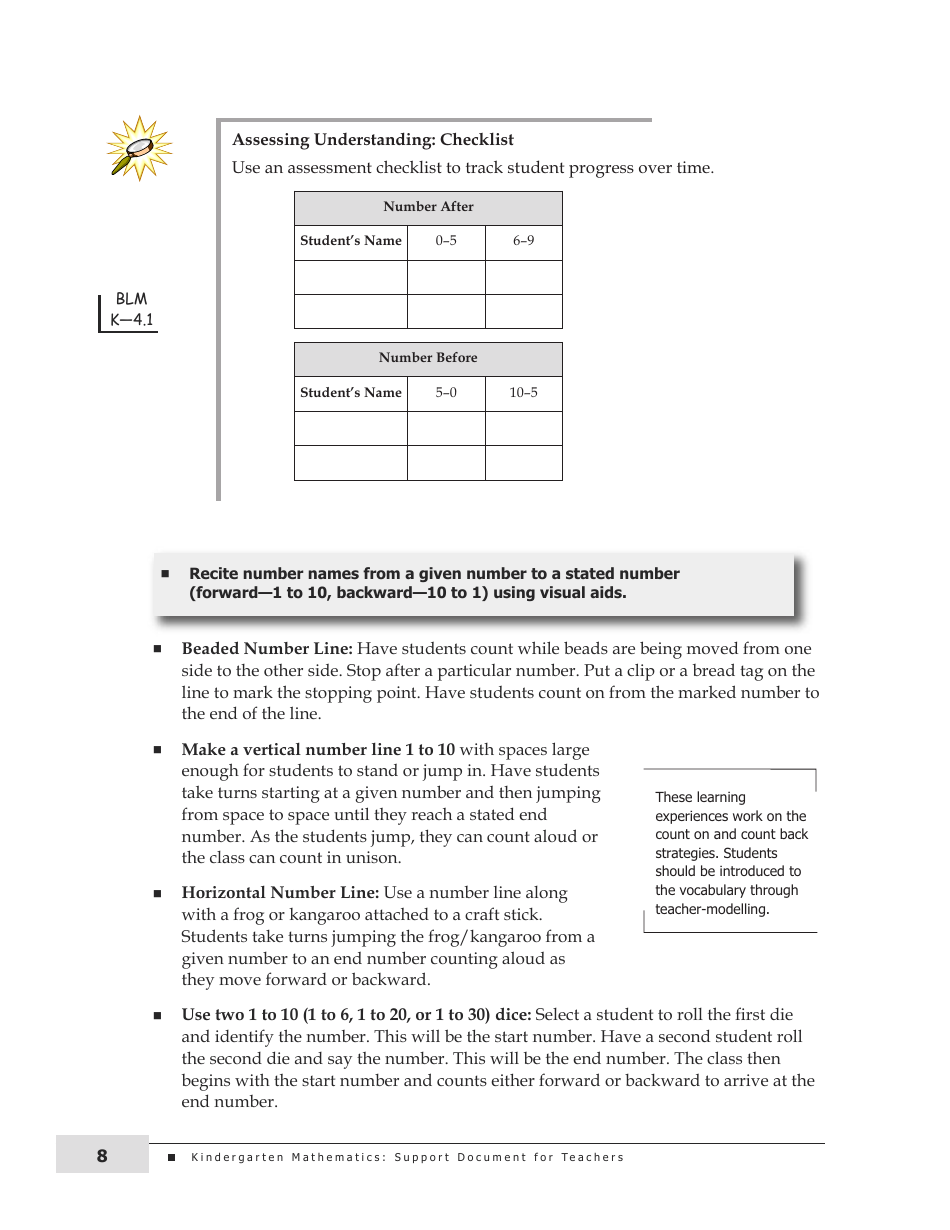 Kindergarten Mathematics Support Document for Teachers, Page 8