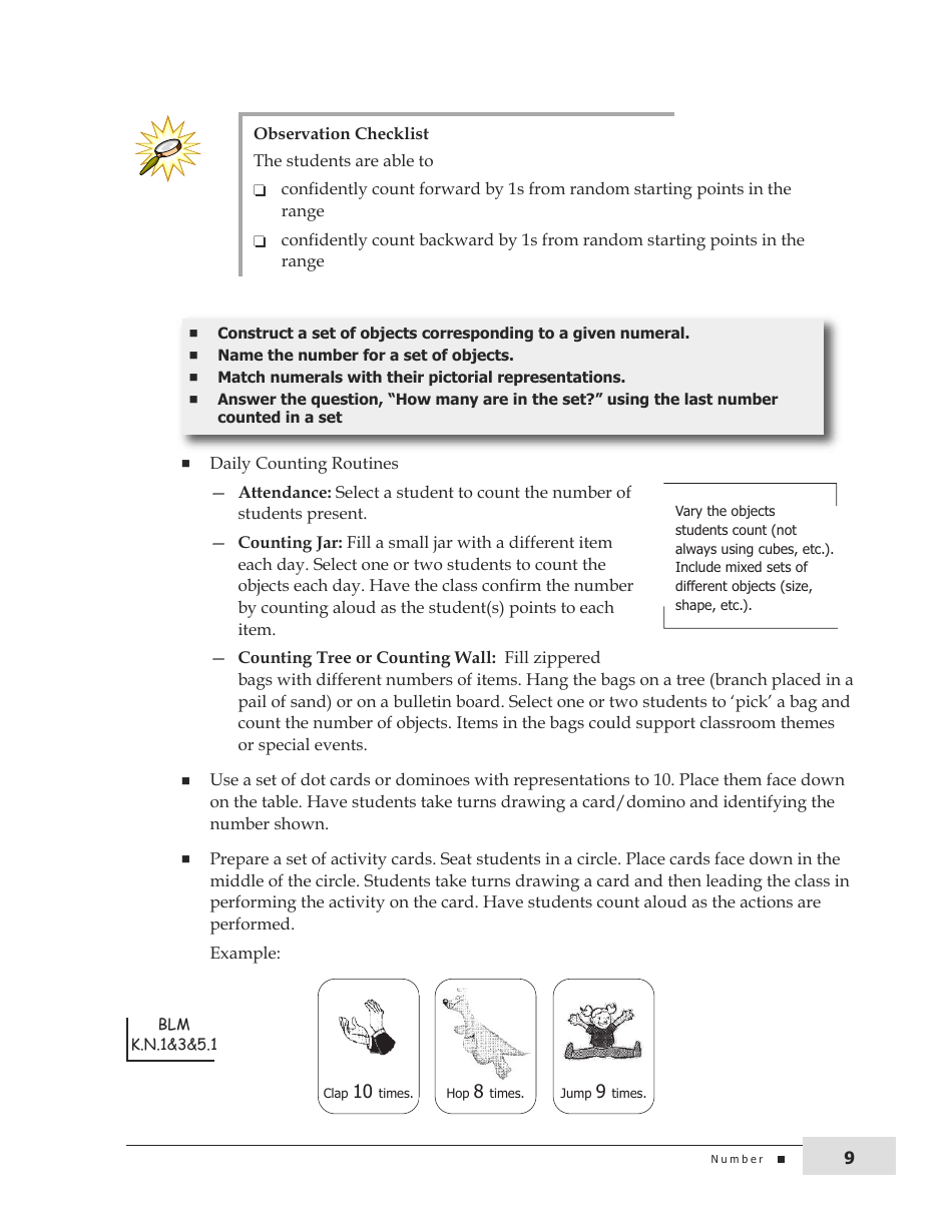 Kindergarten Mathematics Support Document for Teachers, Page 9