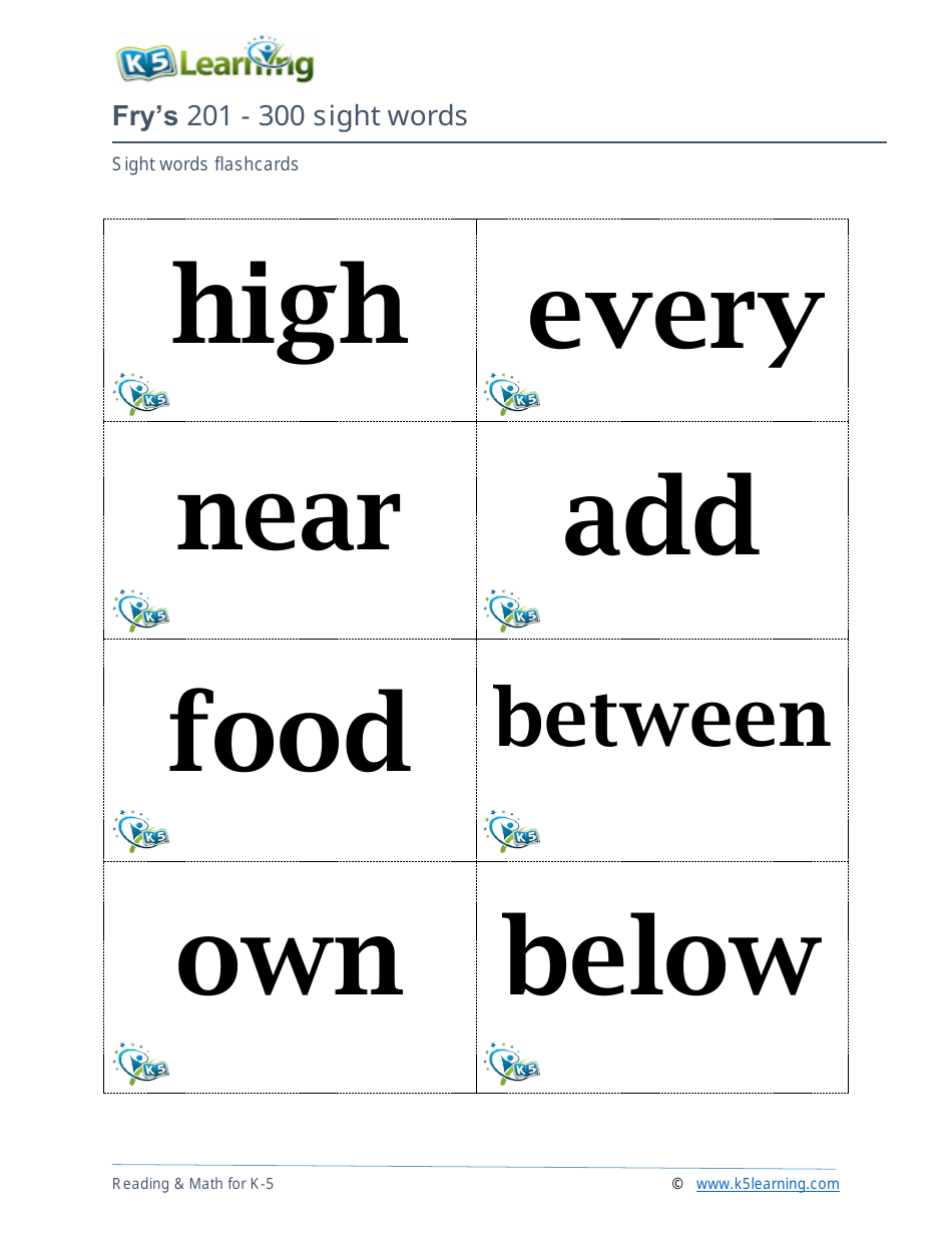 201-400 Fry Sight Words Flashcards - K-5 Learning, Page 1