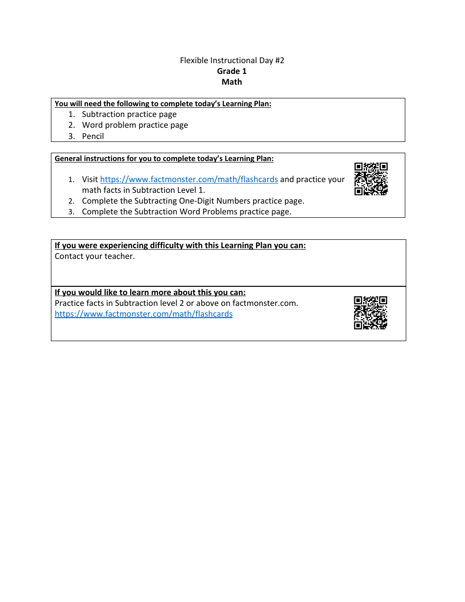 Grade 1 Math Worksheet - Subtraction, Page 1