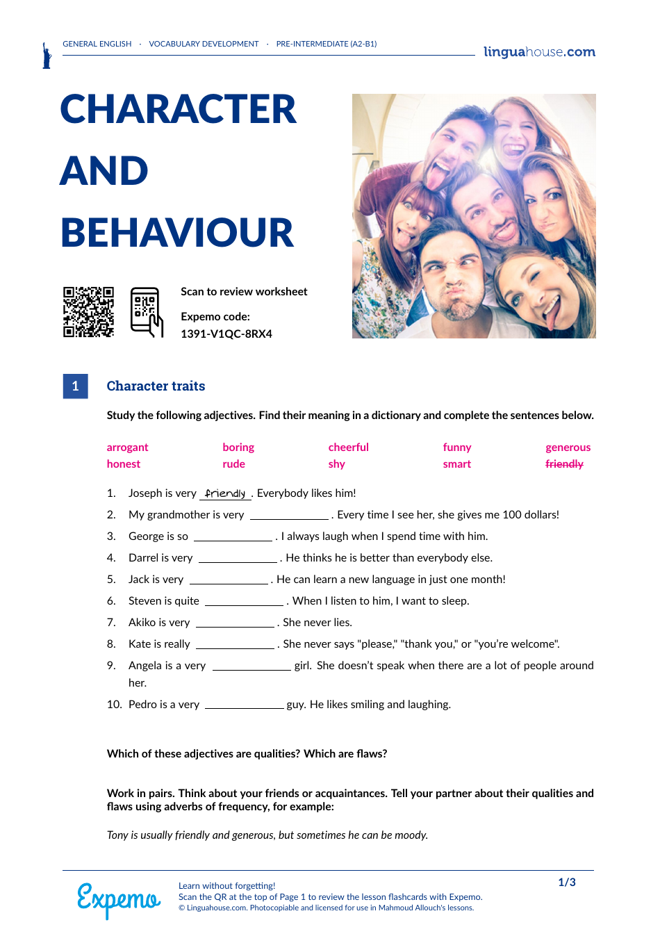 Pre-intermediate English Worksheet: Character and Behaviour - Linguahouse, Page 1