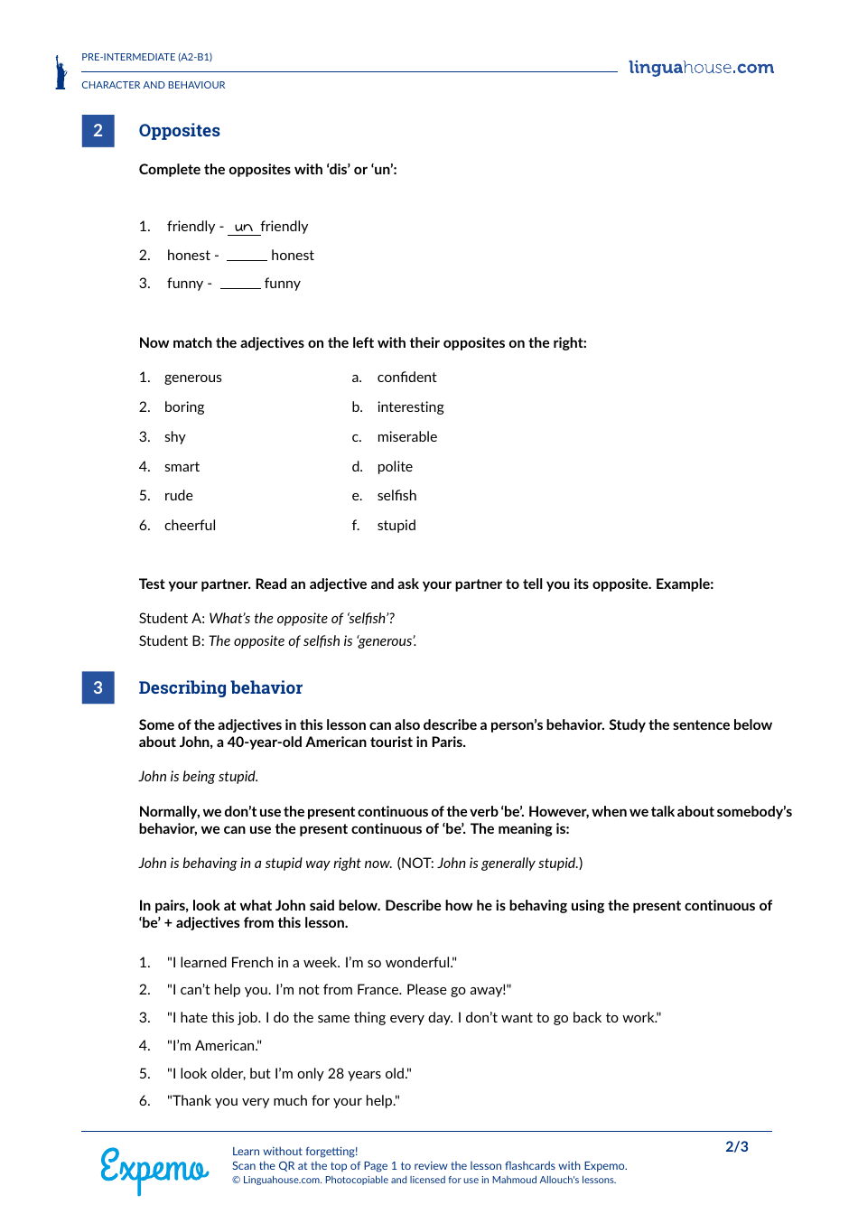 Pre-intermediate English Worksheet: Character and Behaviour ...