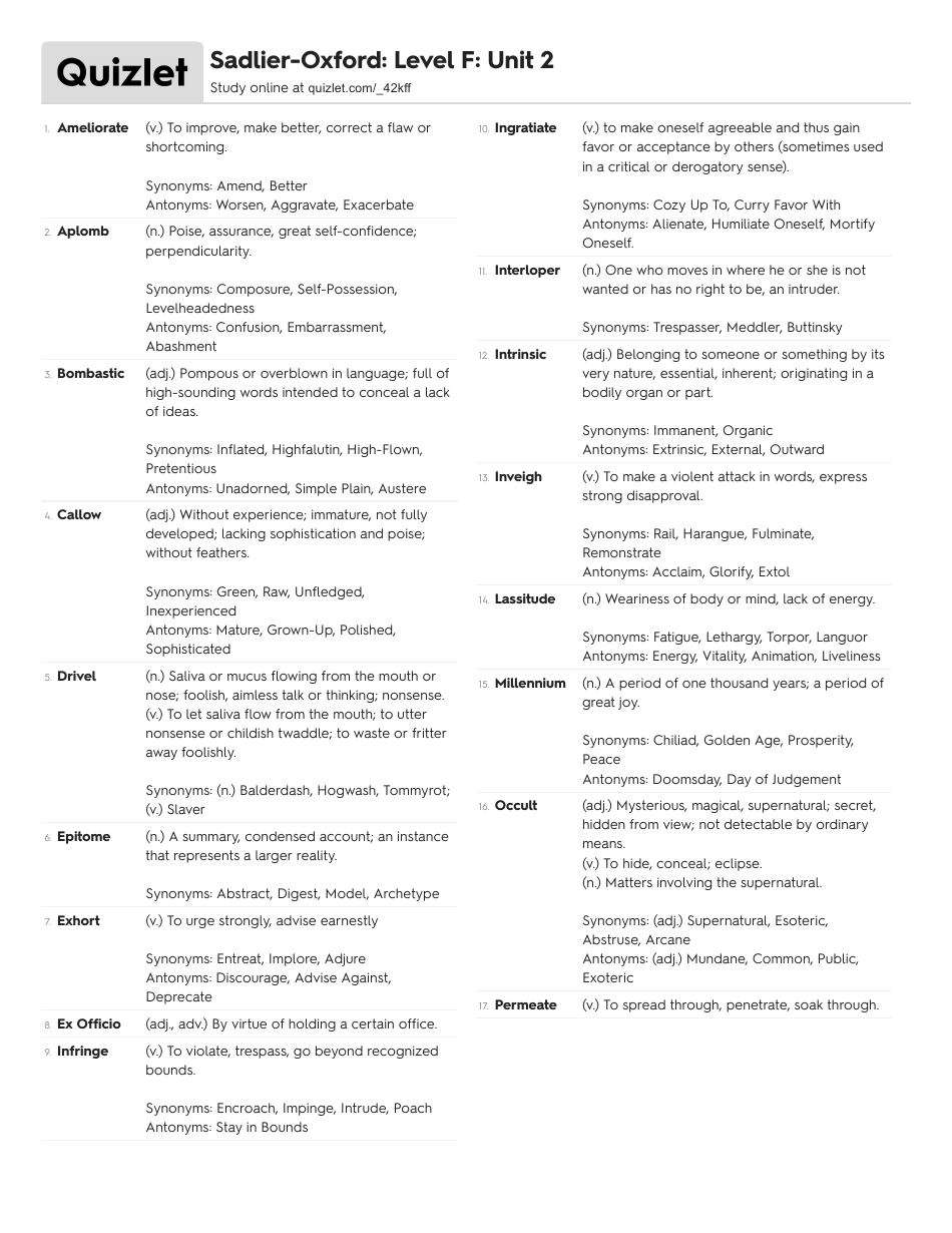 SadlierOxford Level F Unit 2 Flashcards Download Printable PDF