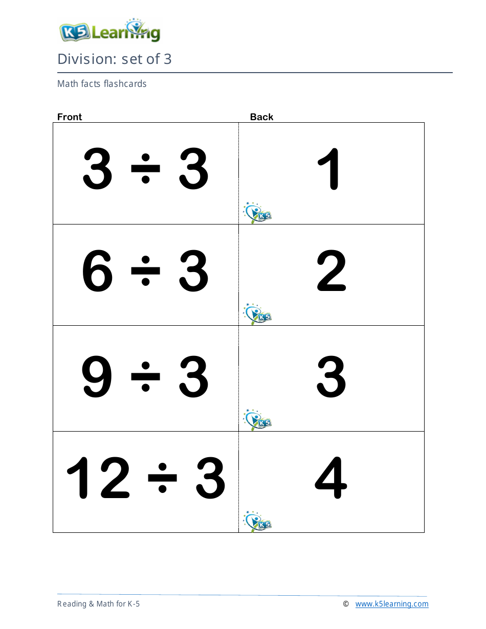 Math Facts Flashcards - Division - Set of 1-3, Page 7