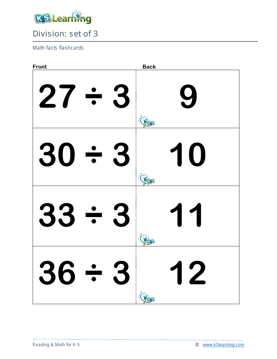 Math Facts Flashcards - Division - Set of 1-3, Page 9