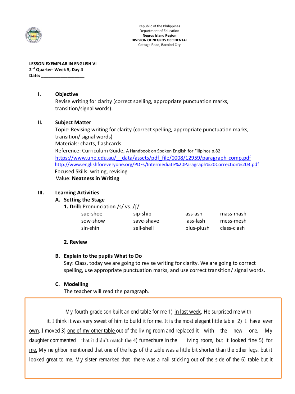 Lesson Exemplar in English Grade Vi - Philippines, Page 11