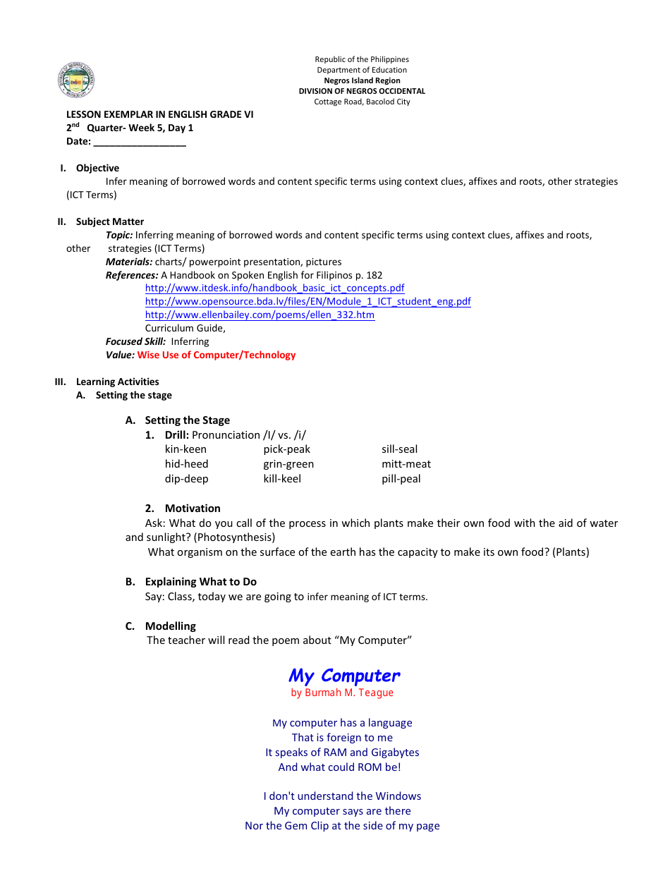 Lesson Exemplar in English Grade Vi - Philippines, Page 1