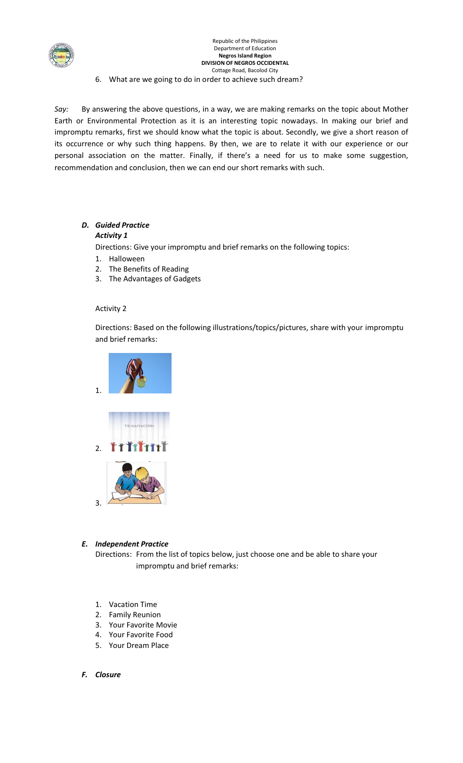 Lesson Exemplar in English Grade Vi - Philippines, Page 27