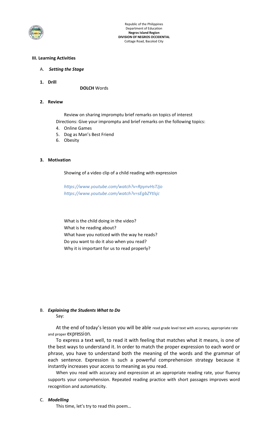 Lesson Exemplar in English Grade Vi - Philippines, Page 29
