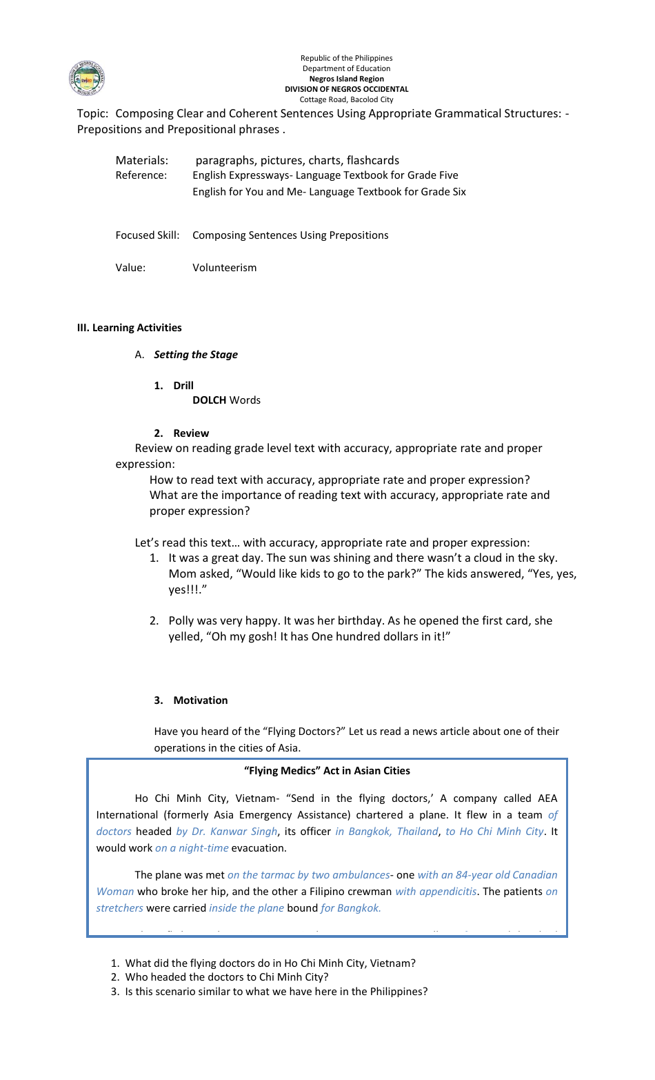 Lesson Exemplar in English Grade Vi - Philippines, Page 34