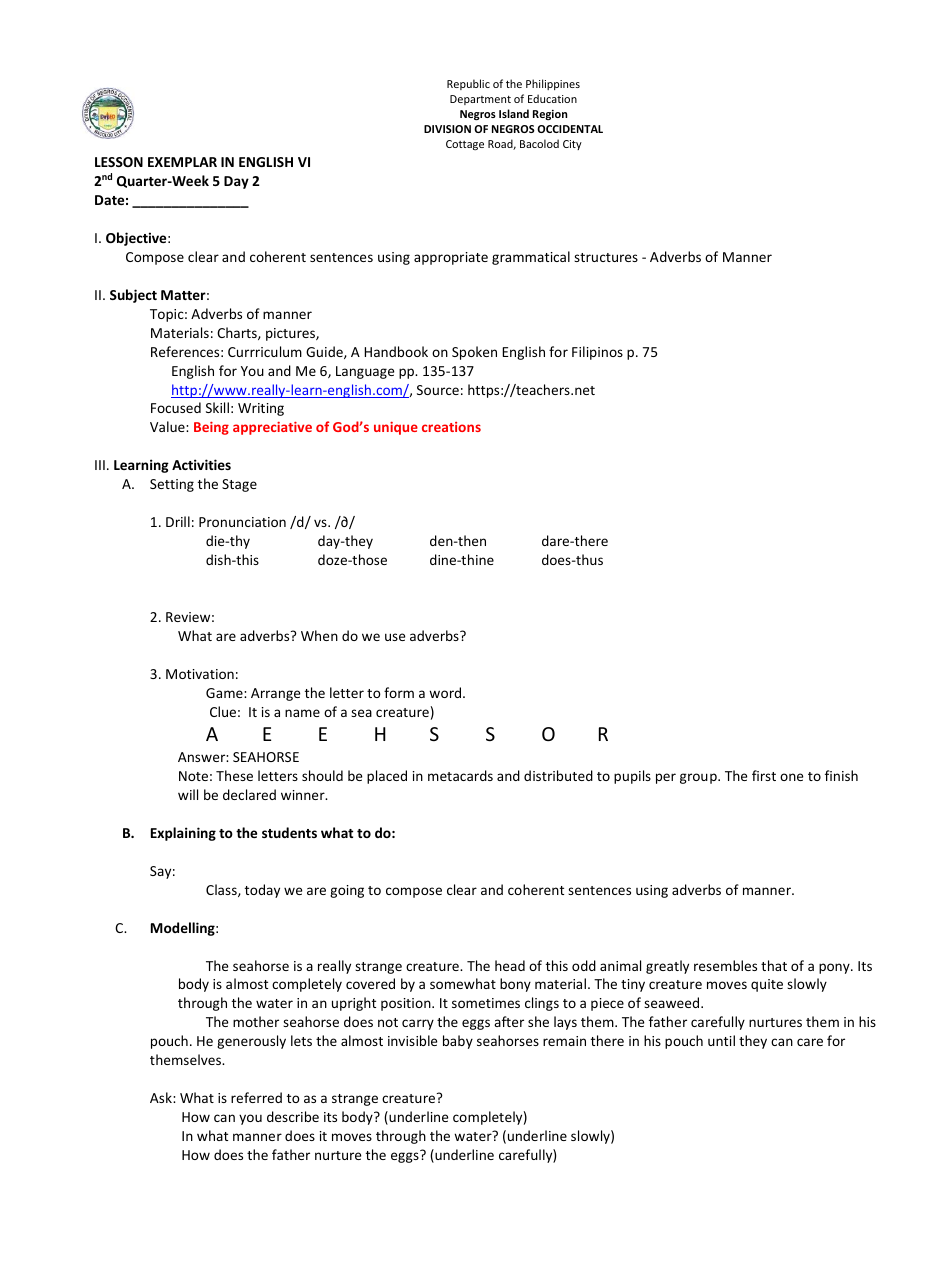 Lesson Exemplar in English Grade Vi - Philippines, Page 5
