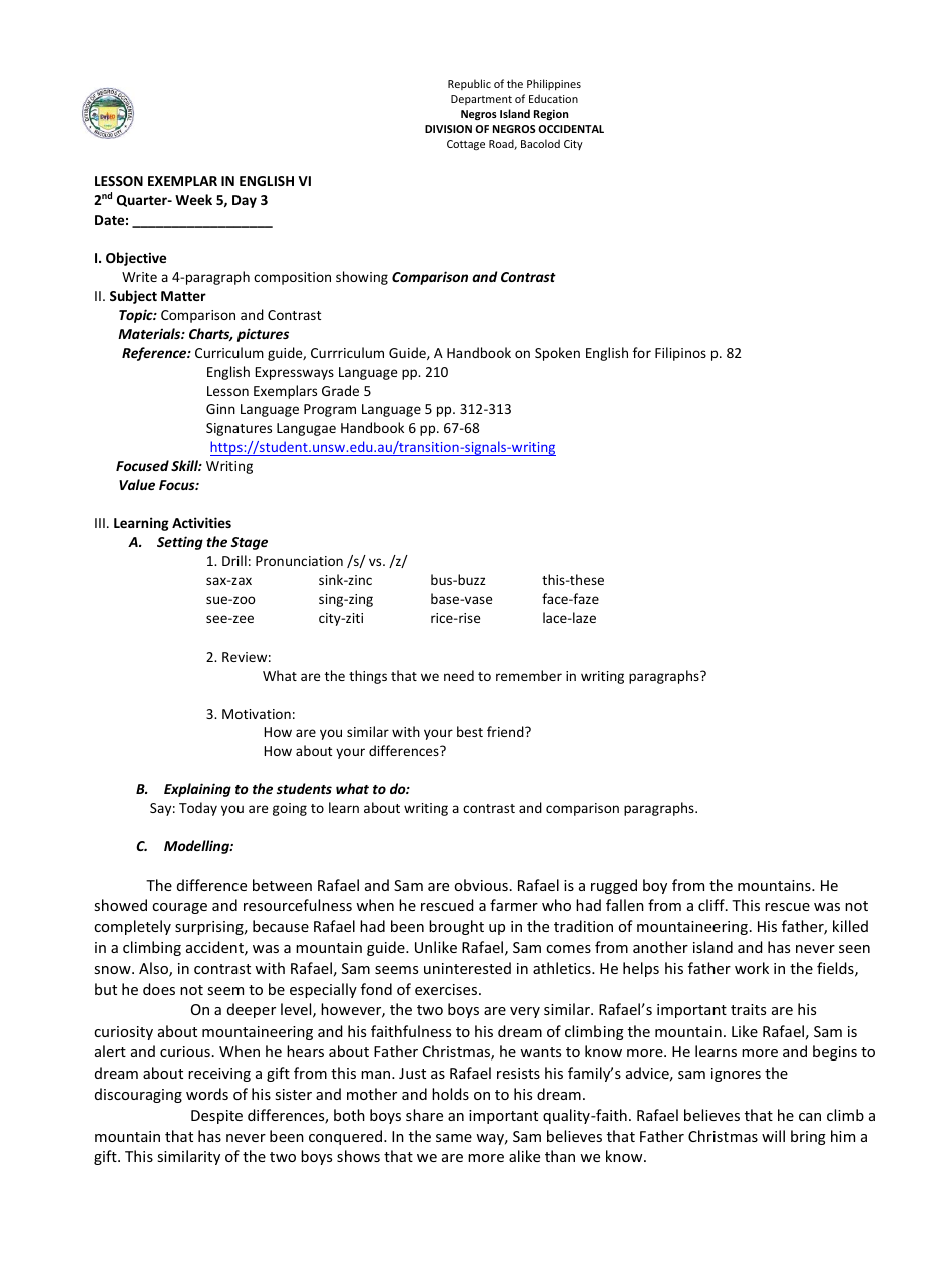 Lesson Exemplar in English Grade Vi - Philippines, Page 7