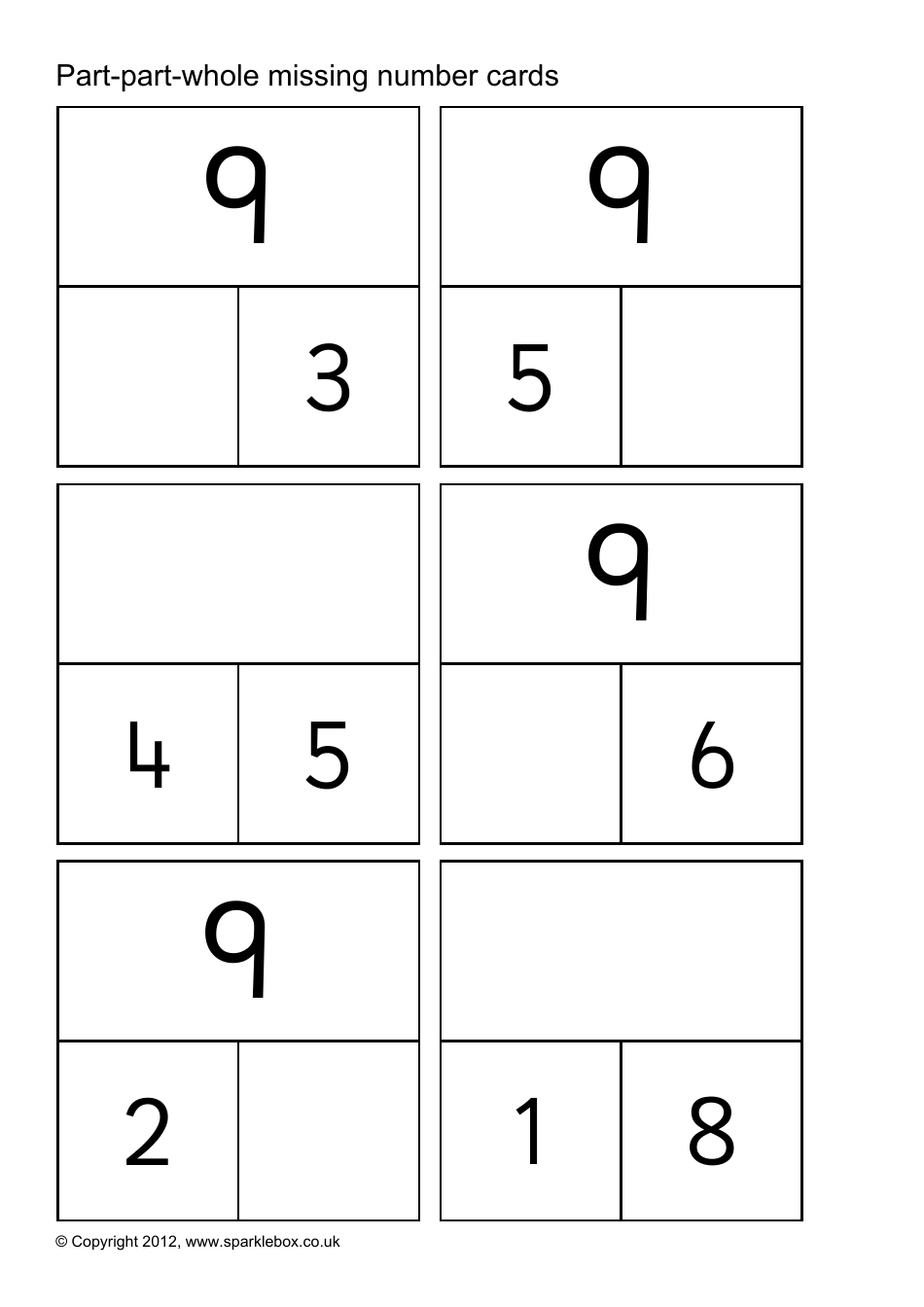 Part-Part-Whole Missing Number Cards, Page 9